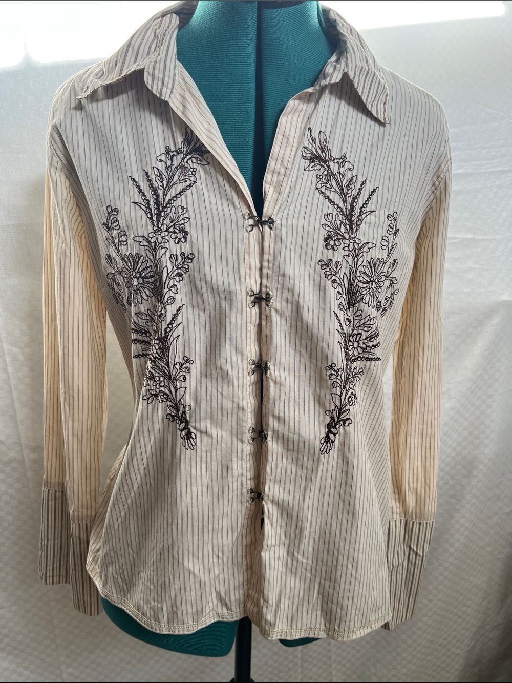 Johnny Was Cream Striped Hook-Down Shirt with Brown Floral Embroidery